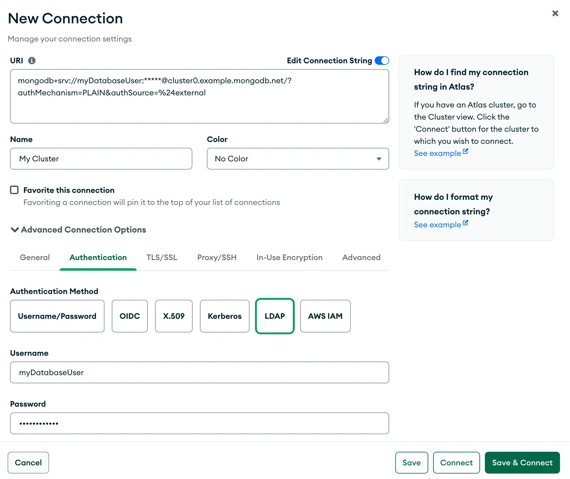 Screenshot of Compass configured to authenticate with LDAP